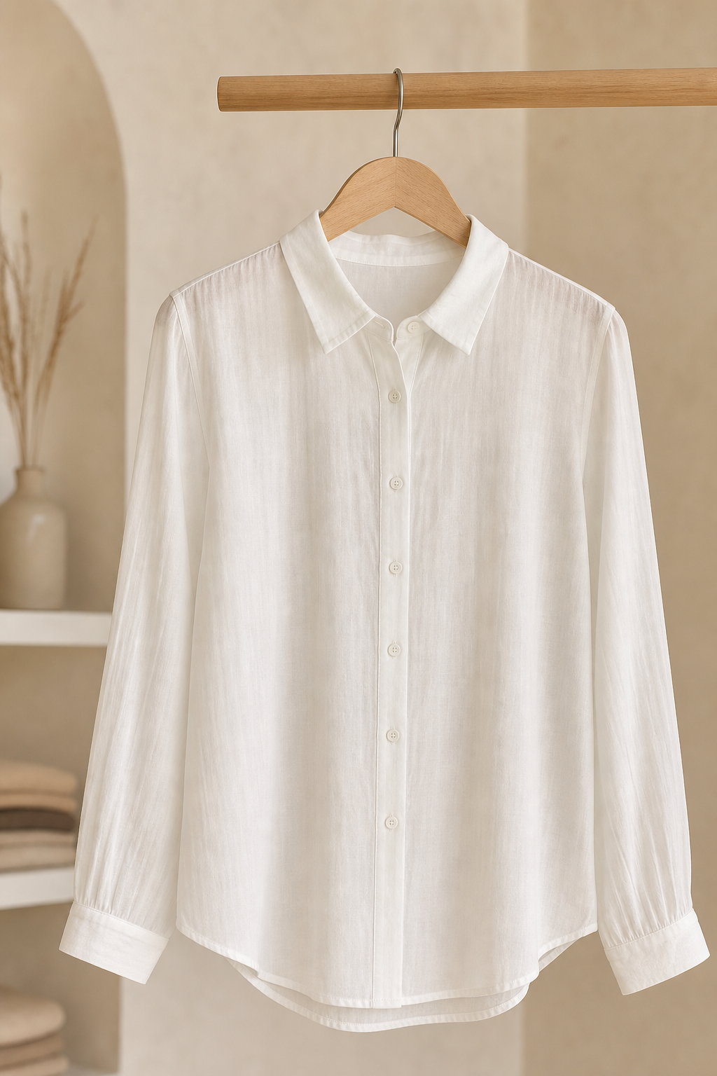 White button-front cotton blouse with fine collar detail on neutral rack