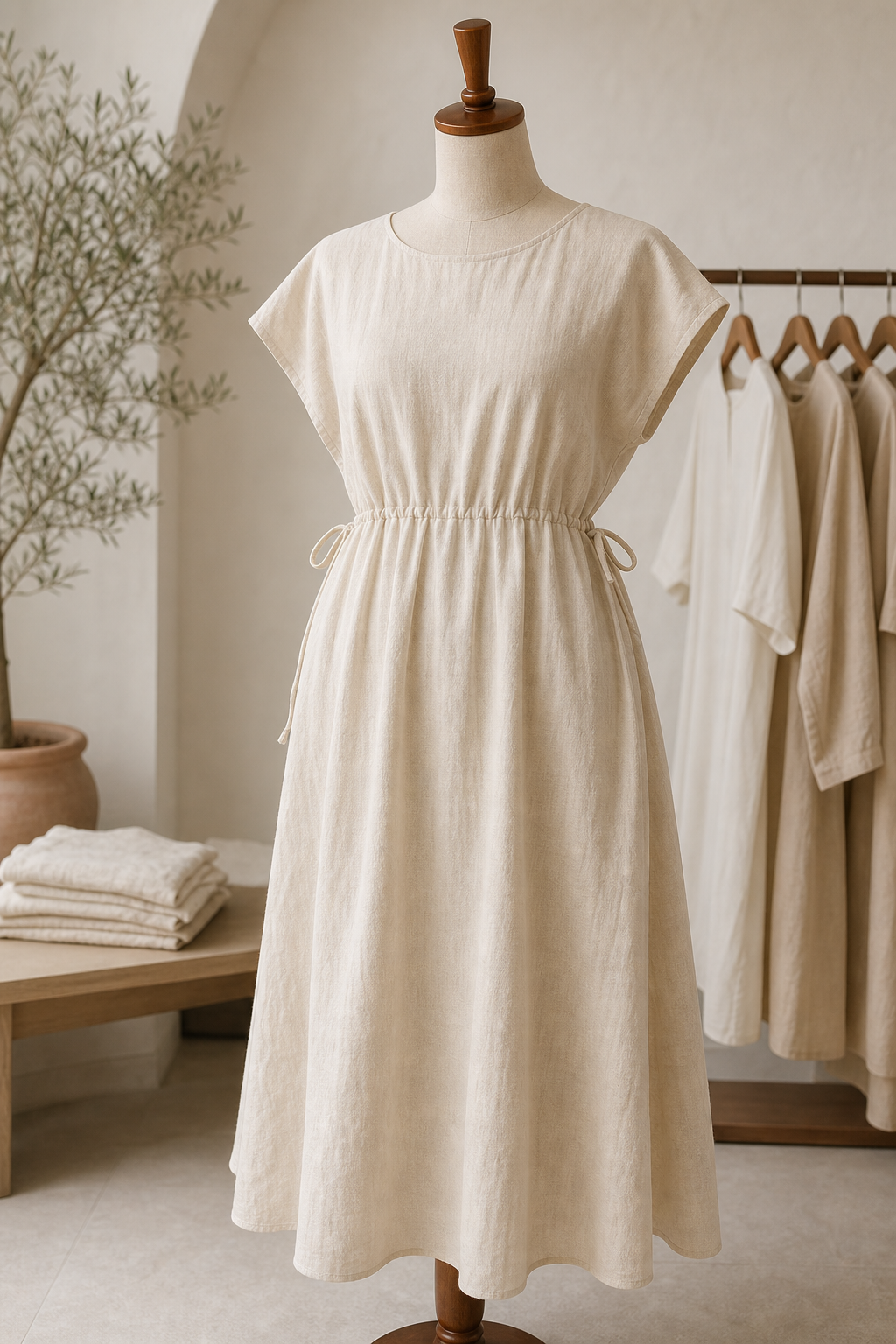 Soft ecru cotton day dress with gathered waist presented on mannequin