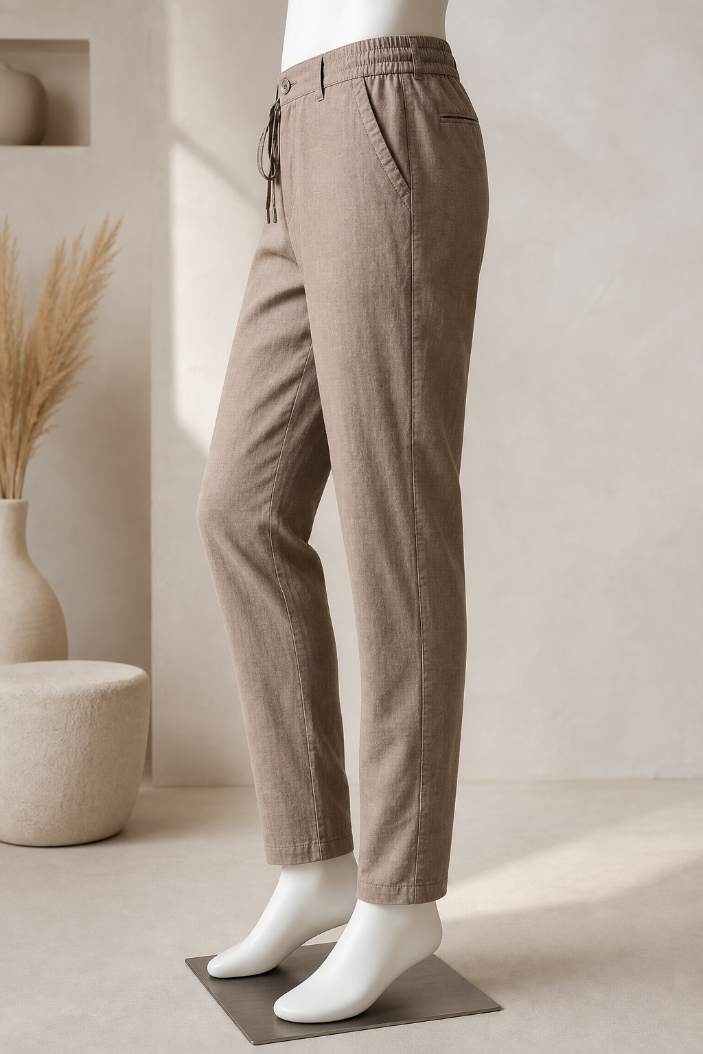 Warm taupe cotton-linen travel pants with tapered leg and comfort waistband shown in side-angle studio shot