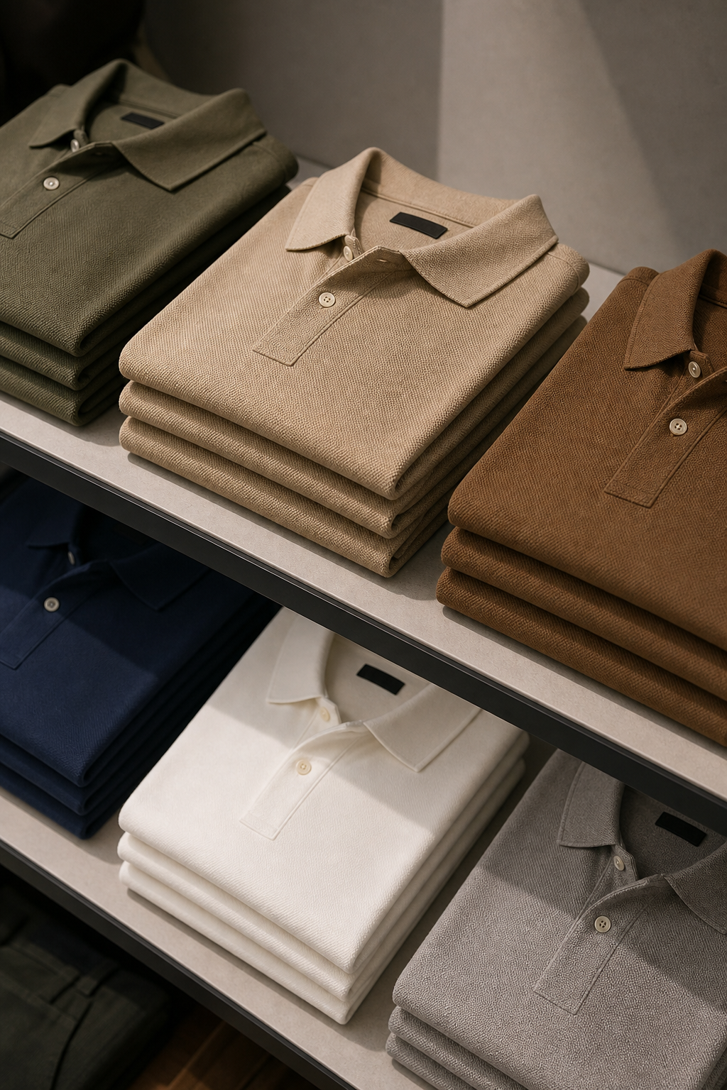 Assorted men and women cotton polo shirts in muted earth colors folded on shelf