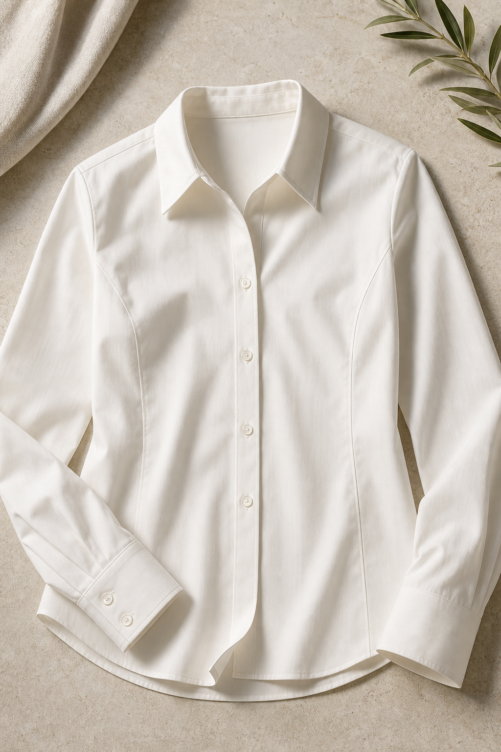 Structured ivory cotton poplin work blouse laid flat with crisp collar, mother-of-pearl buttons, and clean cuff detailing
