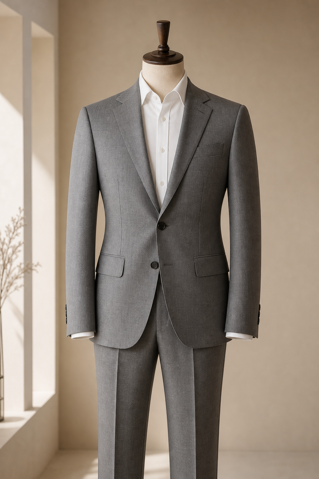 Stone-gray cotton stretch business suit with modern slim-cut blazer displayed on dress form in showroom lighting