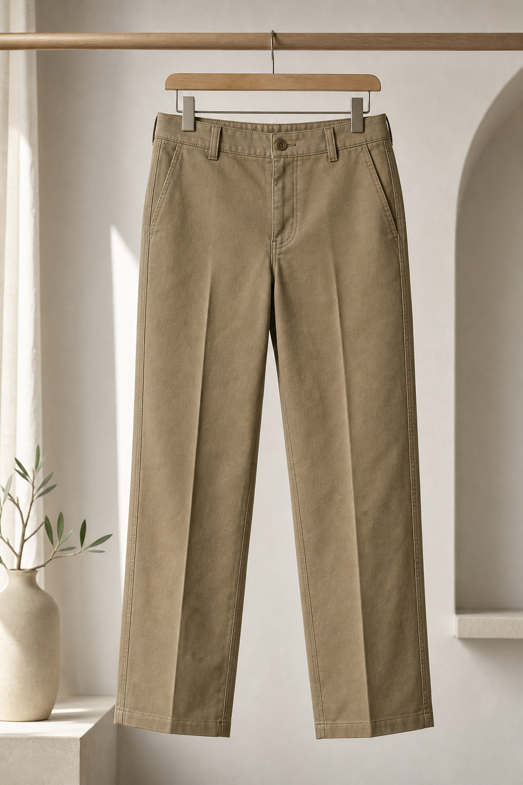 Muted khaki cotton twill straight pants photographed front-facing with sharp pressed crease and clean waistband