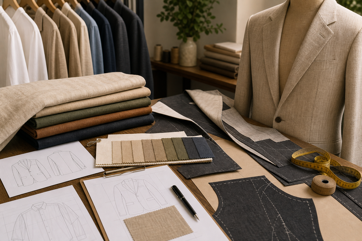 Custom product sourcing session with fabric swatches and tailored design notes