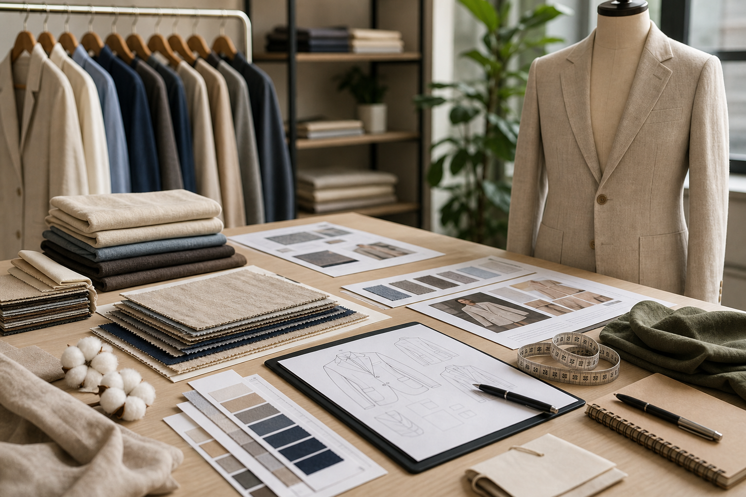 Merchandising table with linen and cotton swatches, technical sketches, and tailored jacket sample for OEM apparel sourcing review
