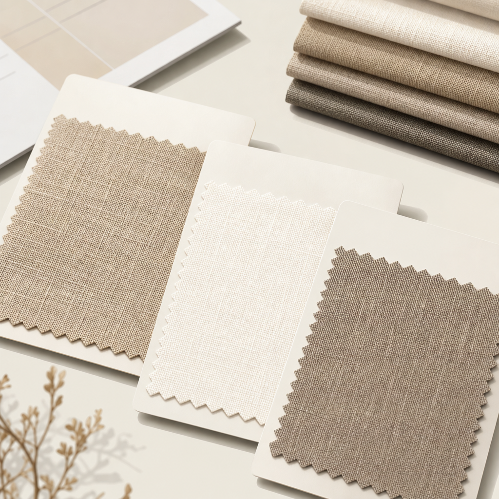 clean soft-vector illustration of neutral fabric swatches with linen and cotton texture cards