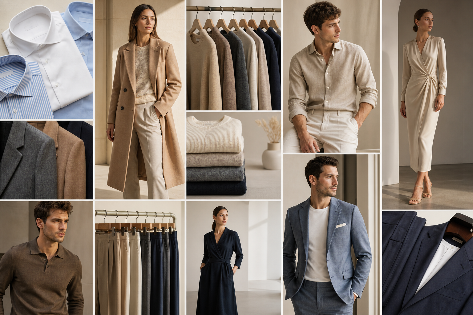 High-definition commercial collage featuring women and men apparel: shirts, coats, knitwear, dresses, trousers, and tailored pieces in a refined catalog style