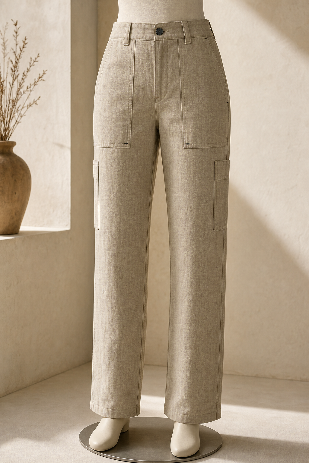 Stone-sand linen blend utility pants shown on mannequin with straight leg silhouette and stitched utility pockets
