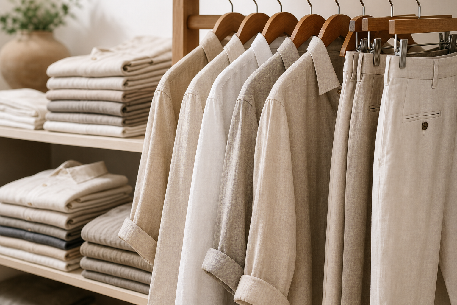 Linen and cotton apparel in natural tones highlighting breathable fabric texture