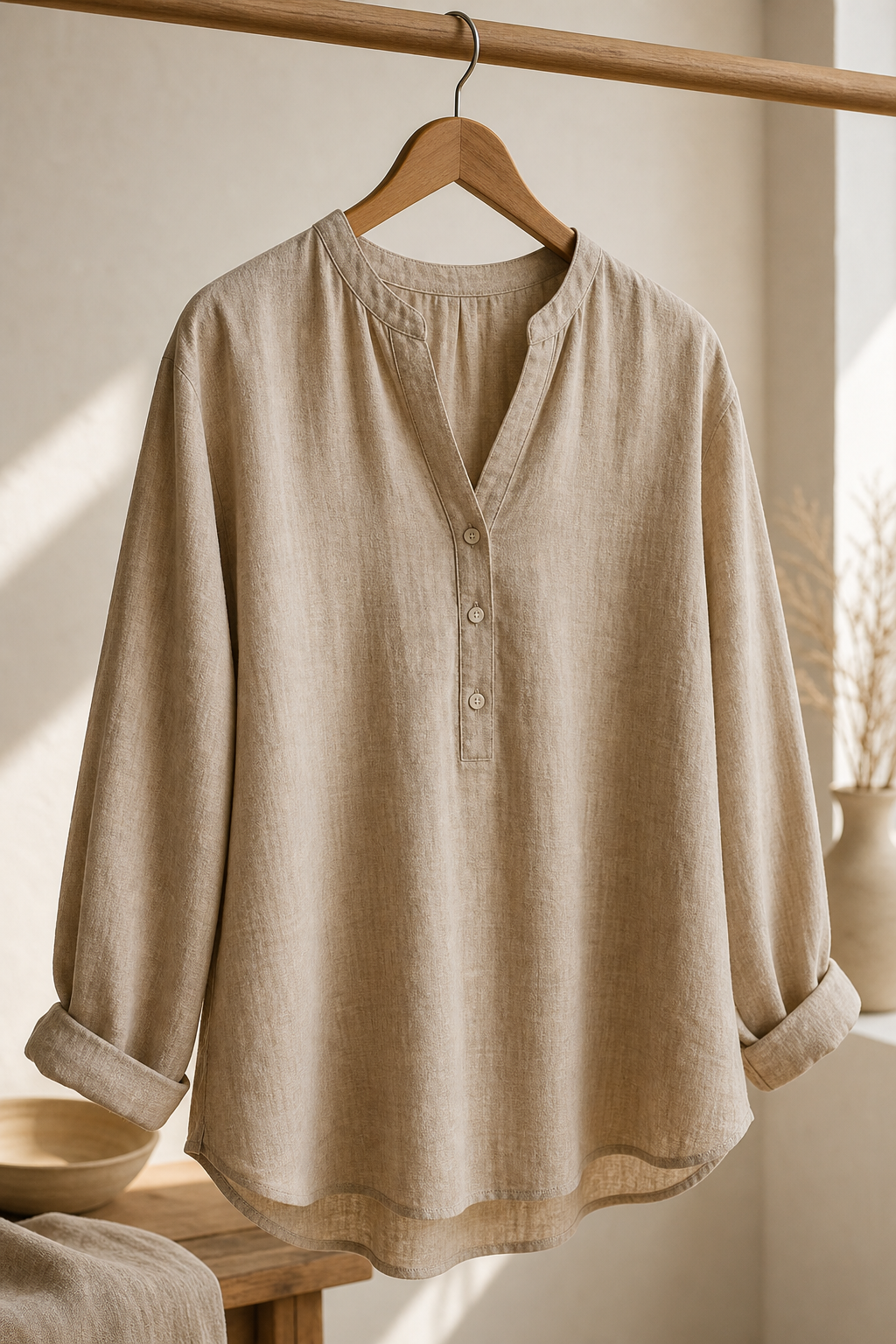 Linen-cotton relaxed blouse in sandy beige on a wooden hanger with soft side daylight and visible weave texture