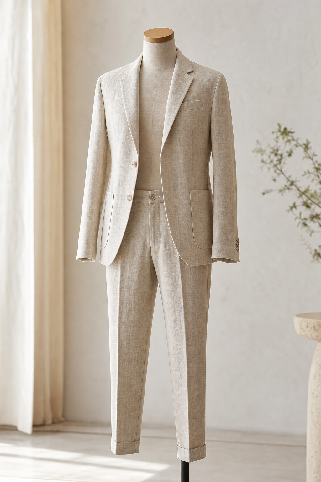 Two-piece oatmeal linen-cotton soft suit with unstructured blazer and tapered trousers on neutral studio backdrop