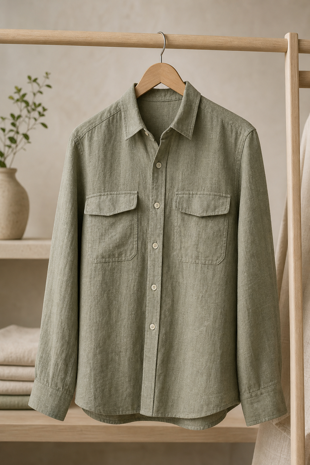 Midweight linen overshirt in muted sage with chest pockets on hanger