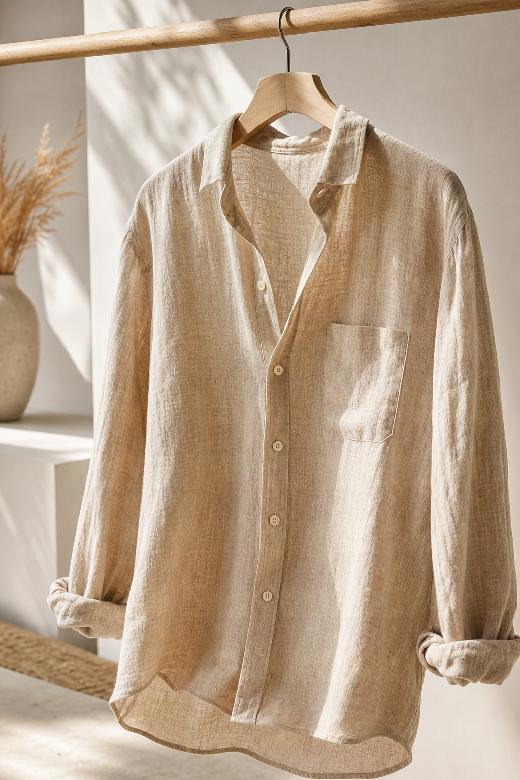 Natural sand relaxed linen shirt on hanger with visible airy weave texture