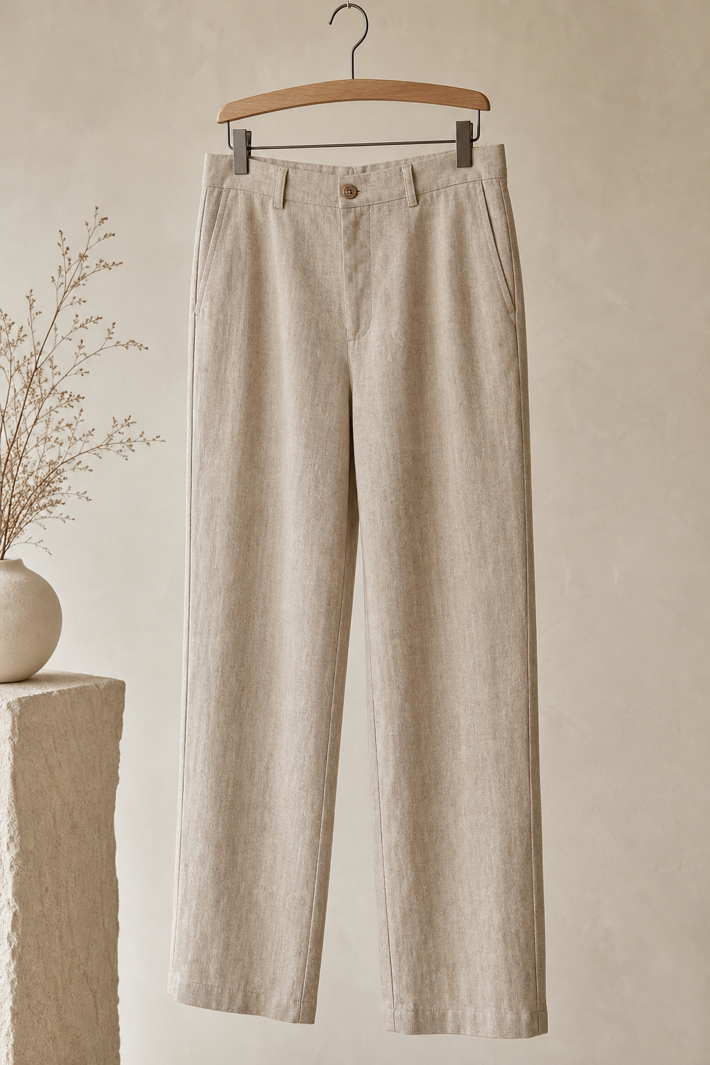 Straight-leg linen trousers in oat tone hanging with clean vertical drape