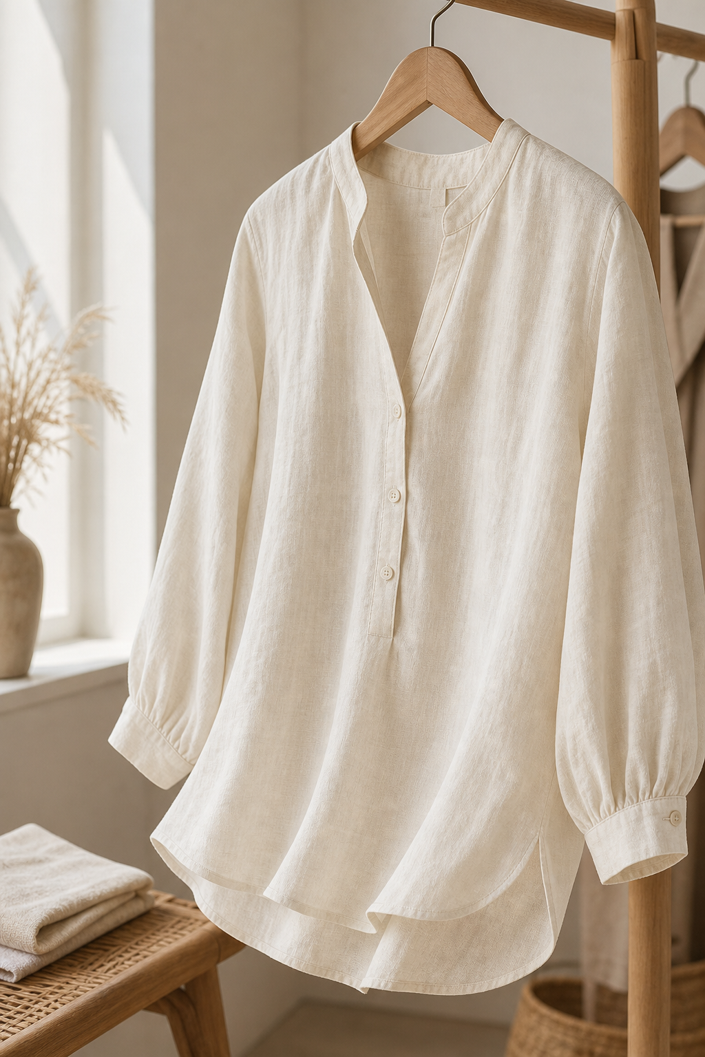 Pale-ivory linen summer button blouse with airy sleeves and relaxed hem photographed in minimalist interior