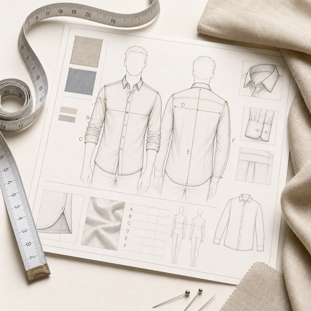 fine-line illustration of a measurement sheet with tape measure and annotated fit points for garment planning