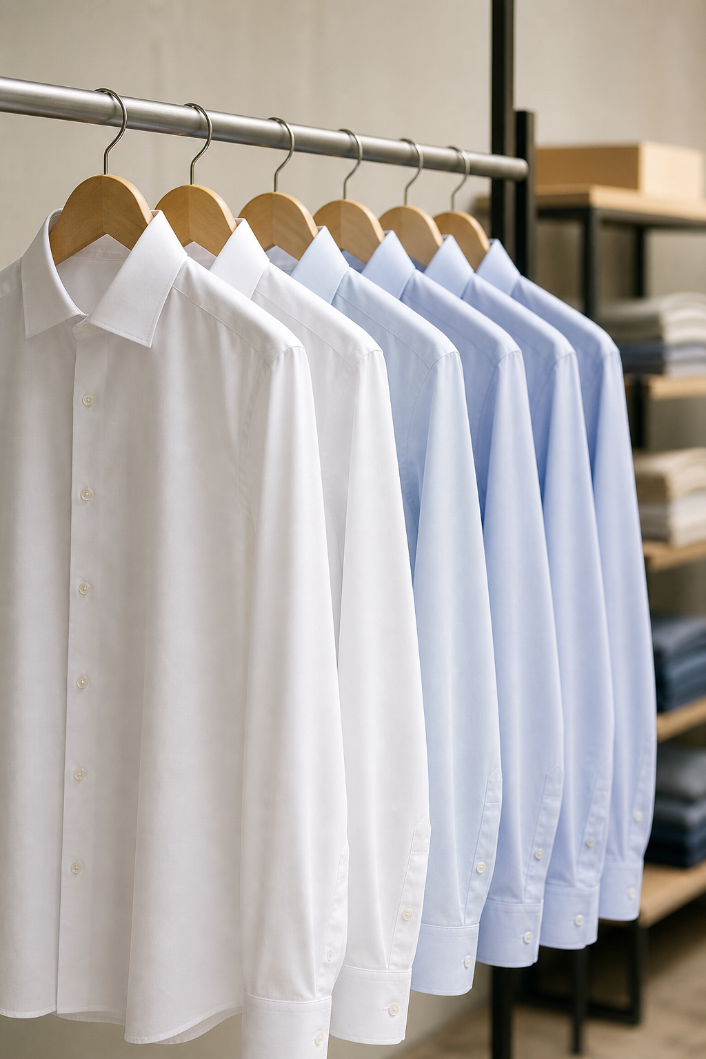 White and pale blue men poplin shirts arranged on a retail rail