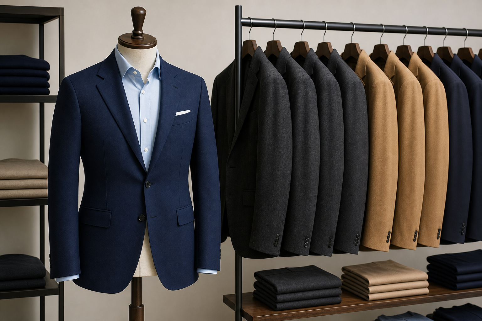 Men collection business apparel with jackets and shirts arranged in a bright studio