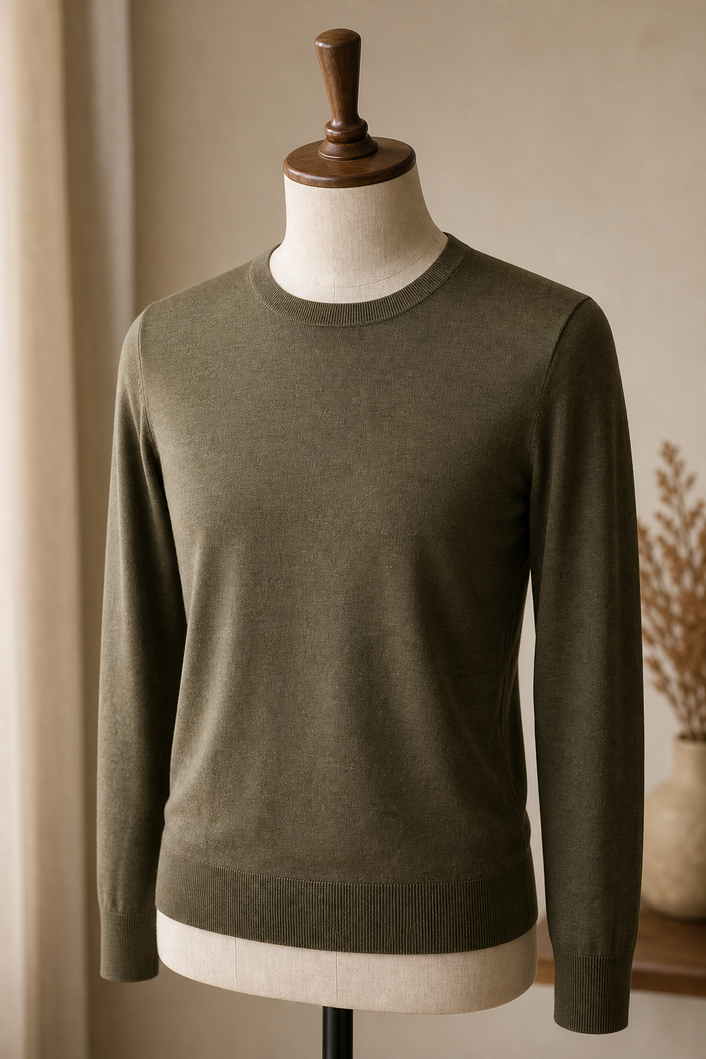 Olive fine-gauge crewneck knit folded and displayed on a bust form