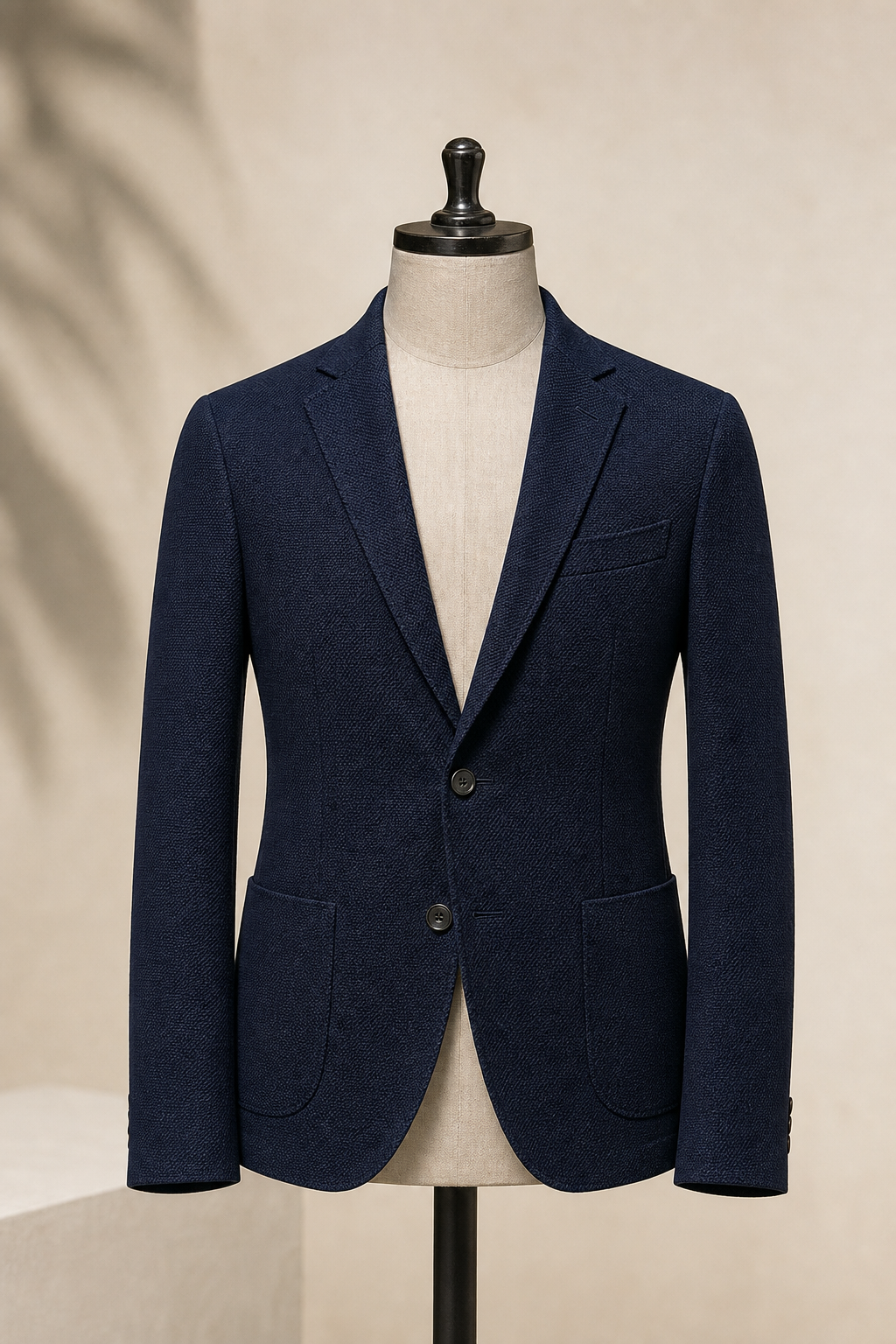 Midnight blue knit blazer with notch lapel styled on mannequin