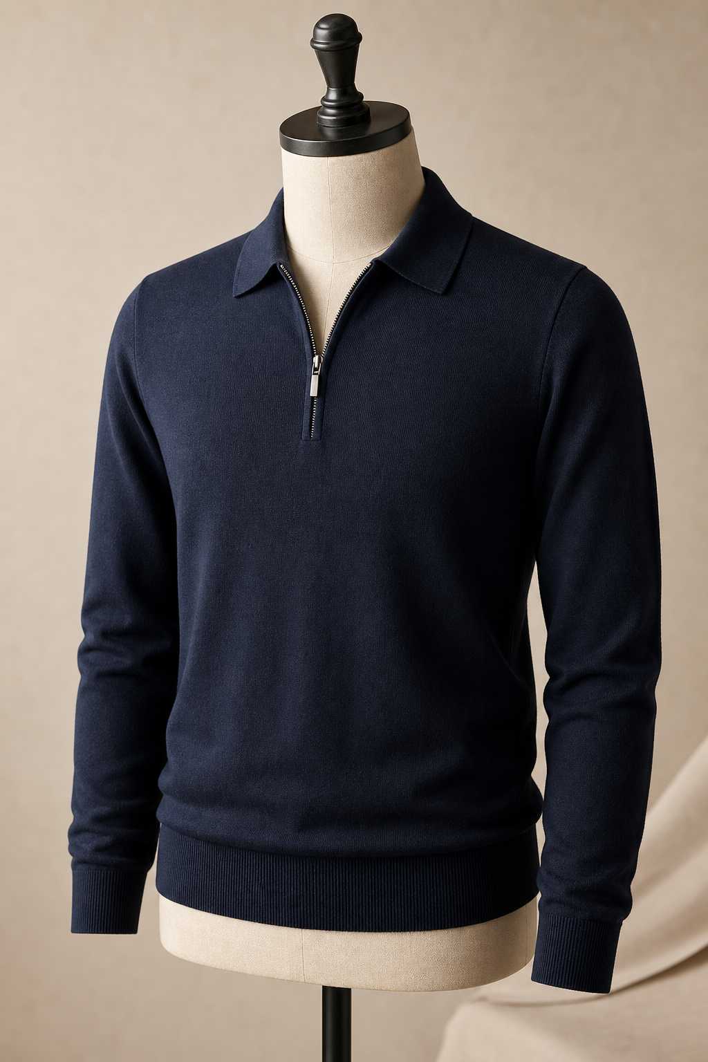 Navy long-sleeve zip knit polo displayed on mannequin torso