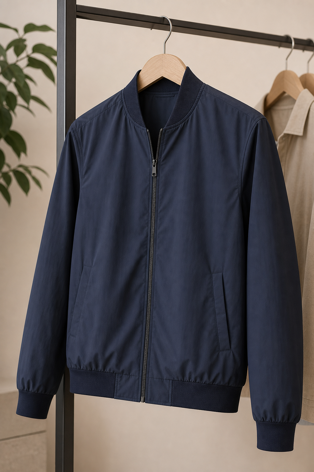 Muted navy lightweight bomber jacket with rib collar on clean display rail