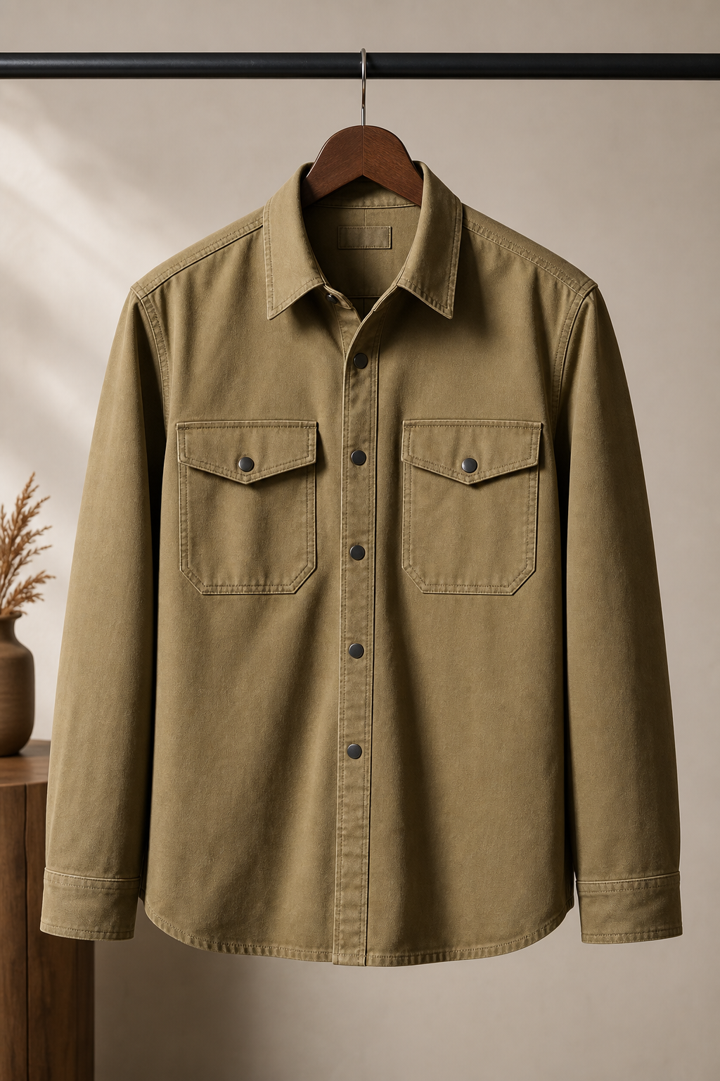 Khaki utility overshirt with flap pockets shown front view