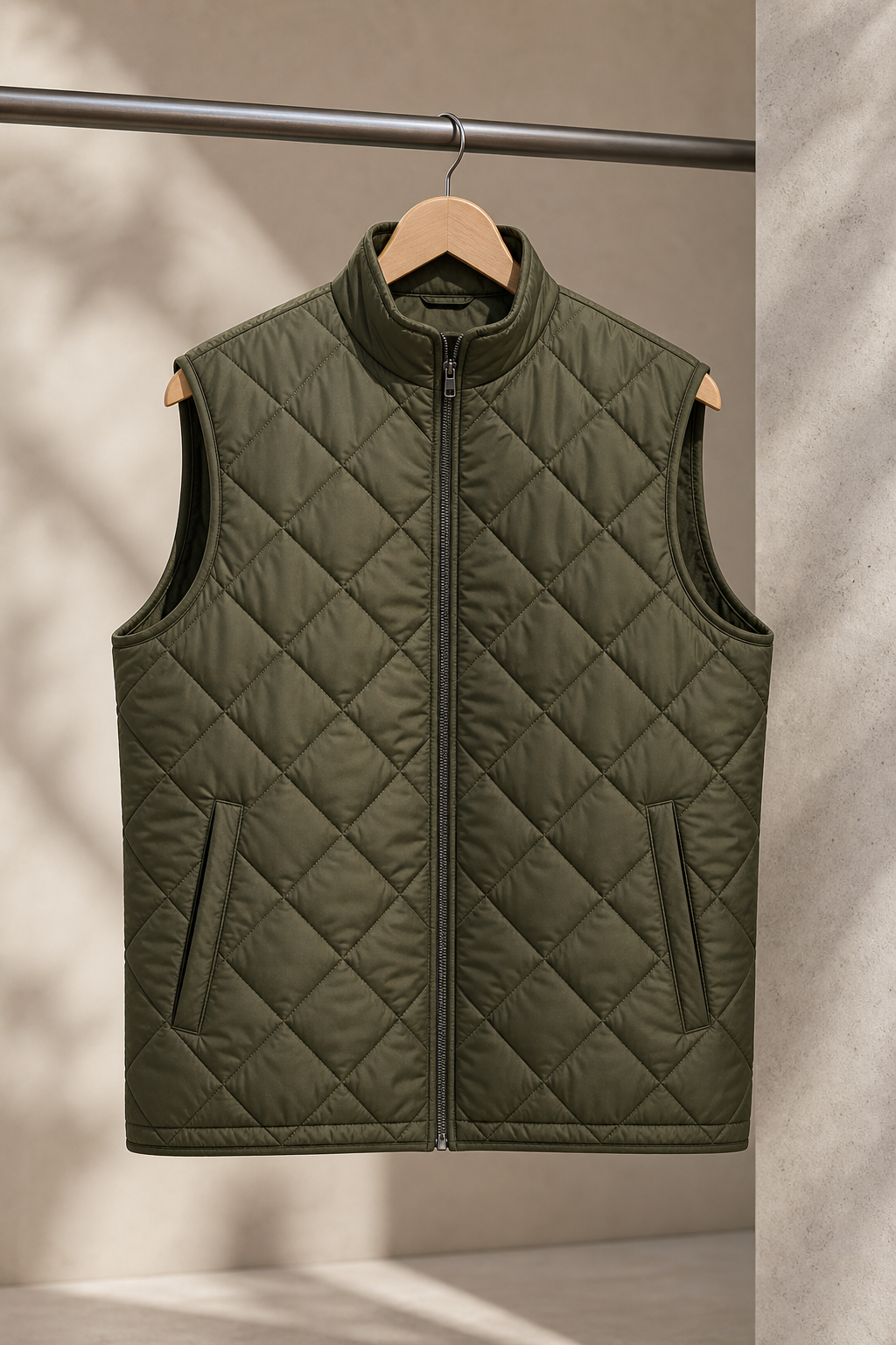 Olive quilted vest with front zipper and stand collar hanging on rack