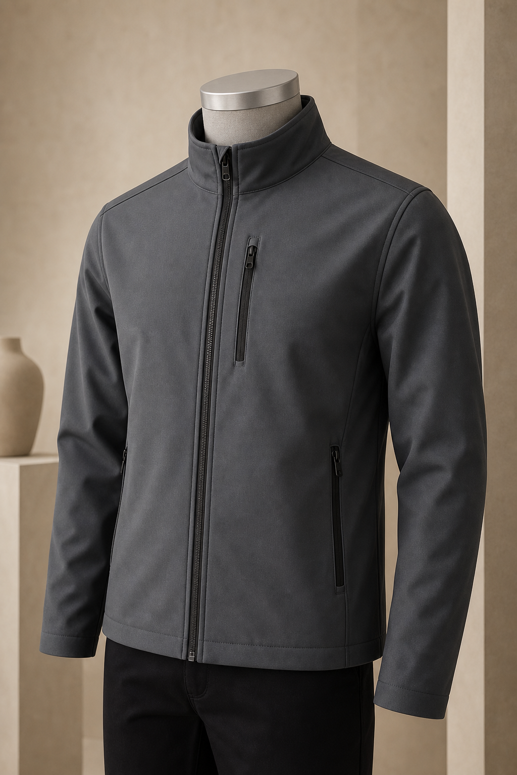 Slate grey softshell jacket zipped halfway on standing mannequin