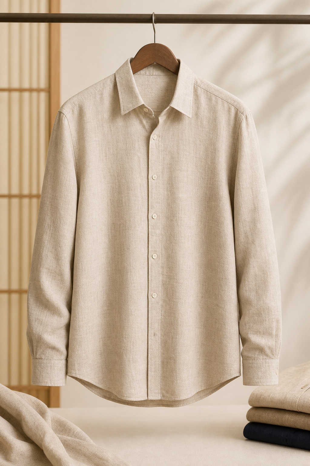 Natural beige linen cotton shirt with relaxed fit and button cuffs