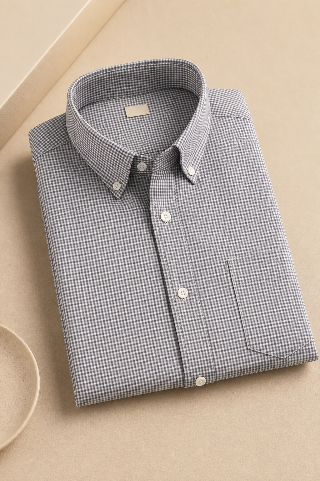 Grey and white check oxford shirt laid flat with chest pocket