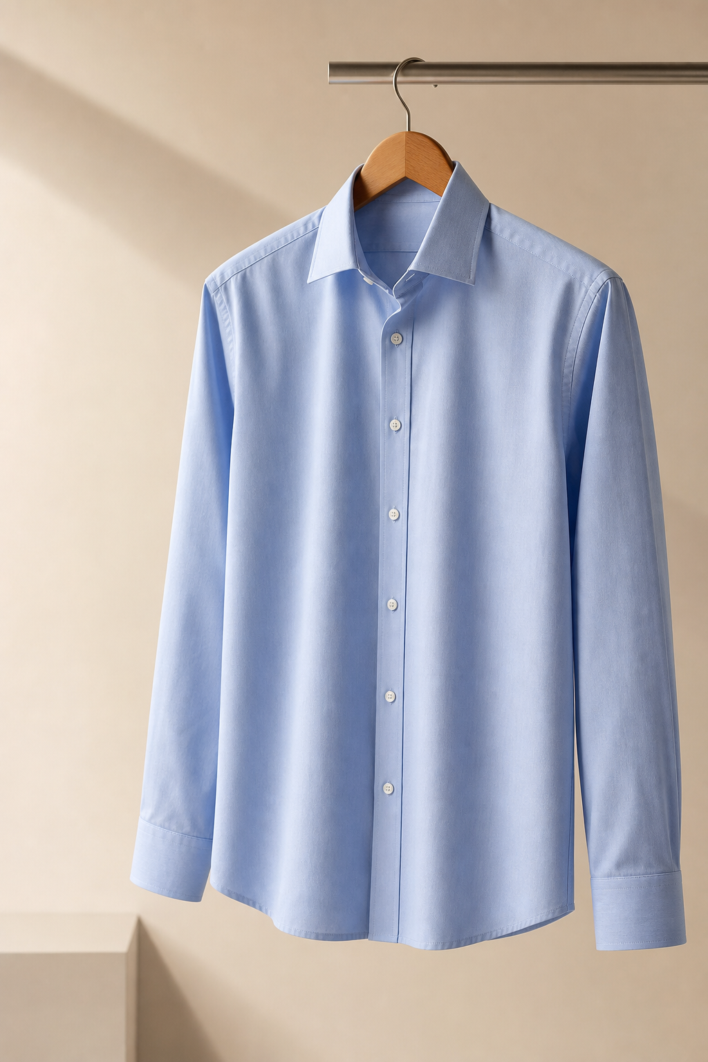 Blue long-sleeve business shirt on a hanger with clean collar and button front