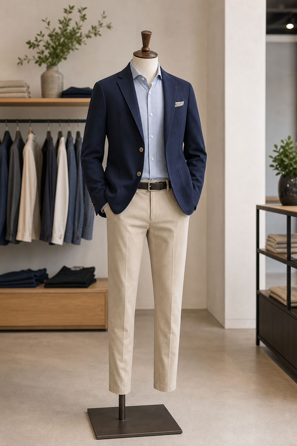 Stone color men chinos paired with navy blazer in a minimalist showroom