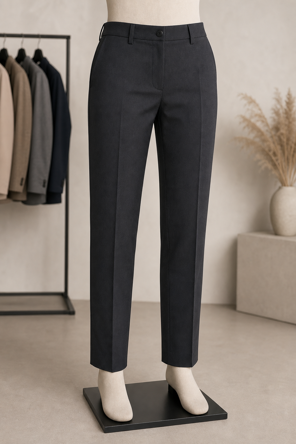 Dark graphite tapered formal men trousers with crisp crease on mannequin