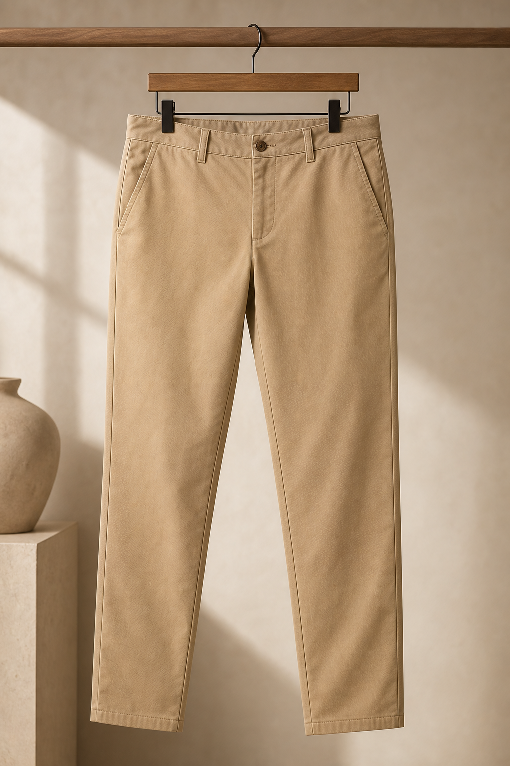 Sand colored chino trousers on wooden hanger with tapered leg