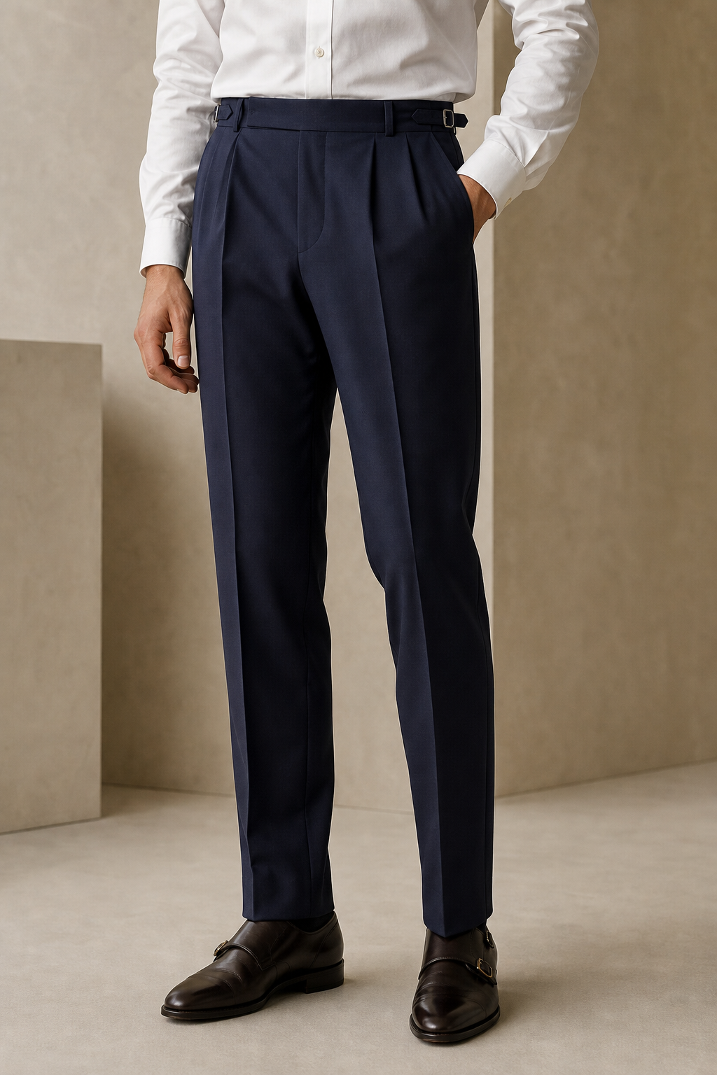 Navy pleated formal trousers with side adjusters and tailored drape