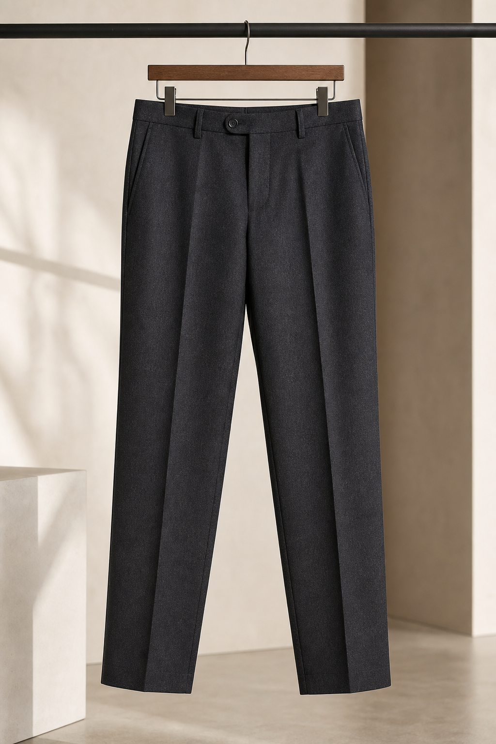 Charcoal wool blend formal trousers with pressed crease in studio