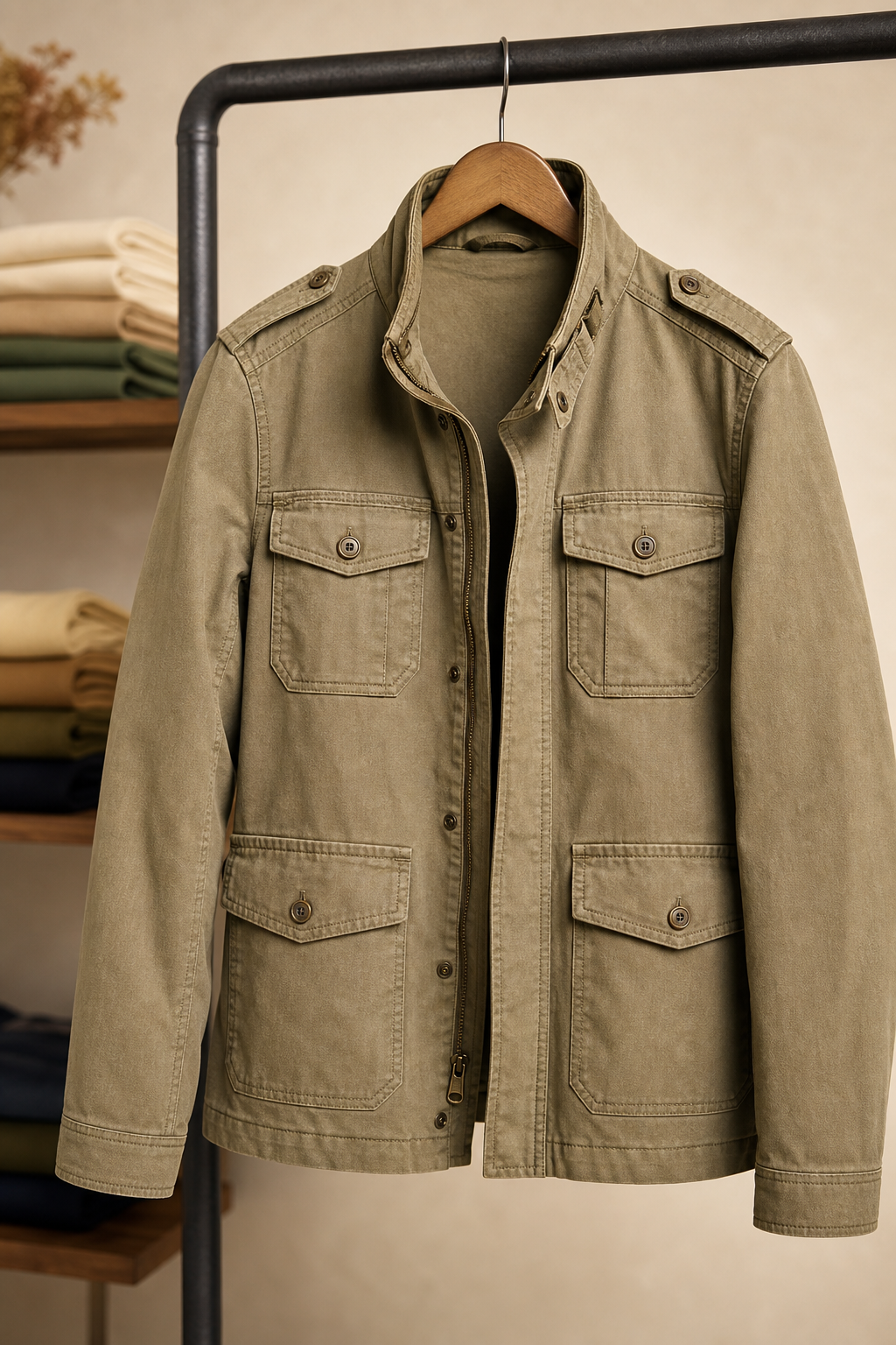 Khaki utility field jacket with patch pockets hanging against neutral backdrop