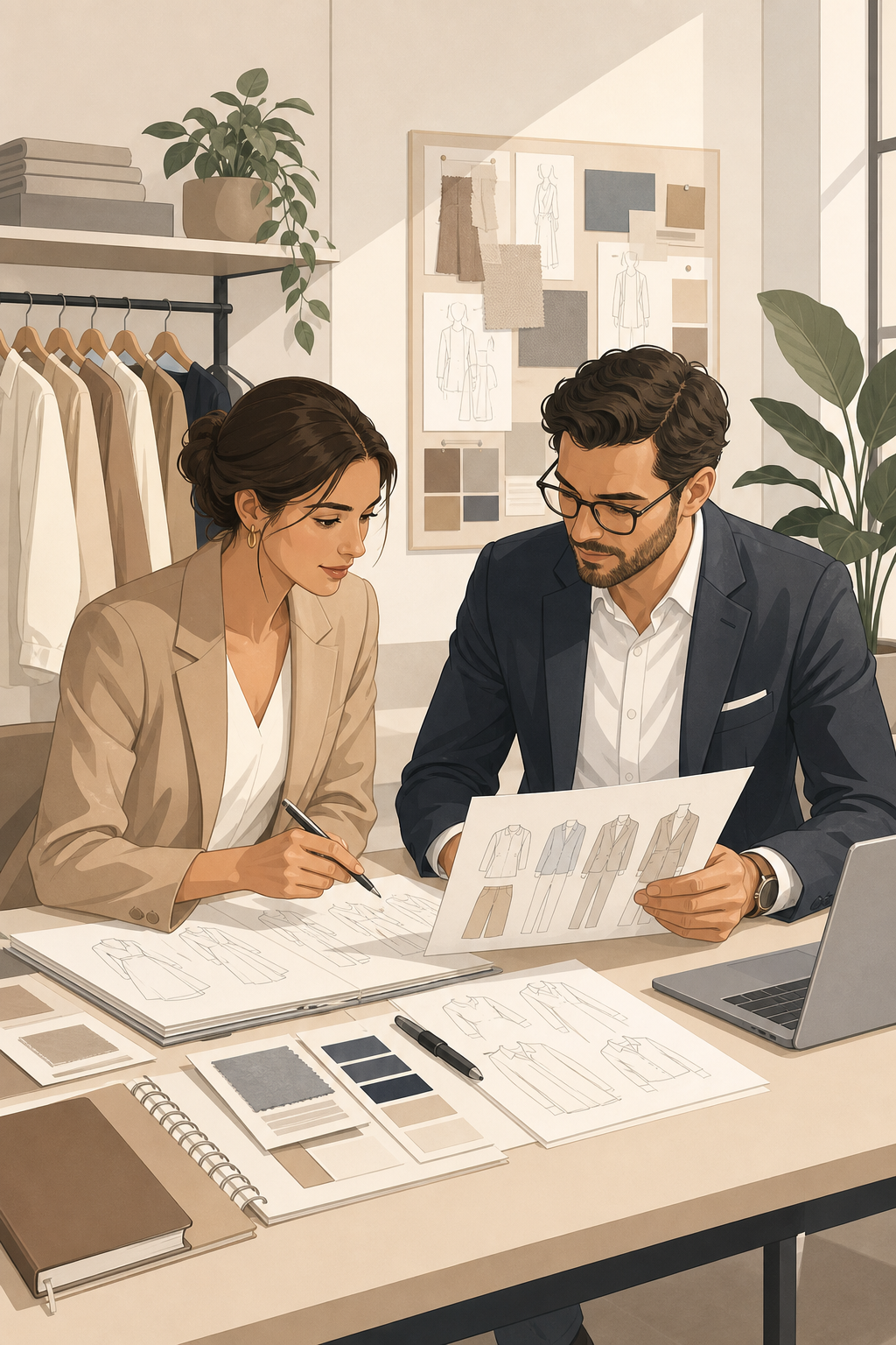 professional humanized illustration of two apparel planners discussing garment sketches, line plans, and sourcing notes at a worktable