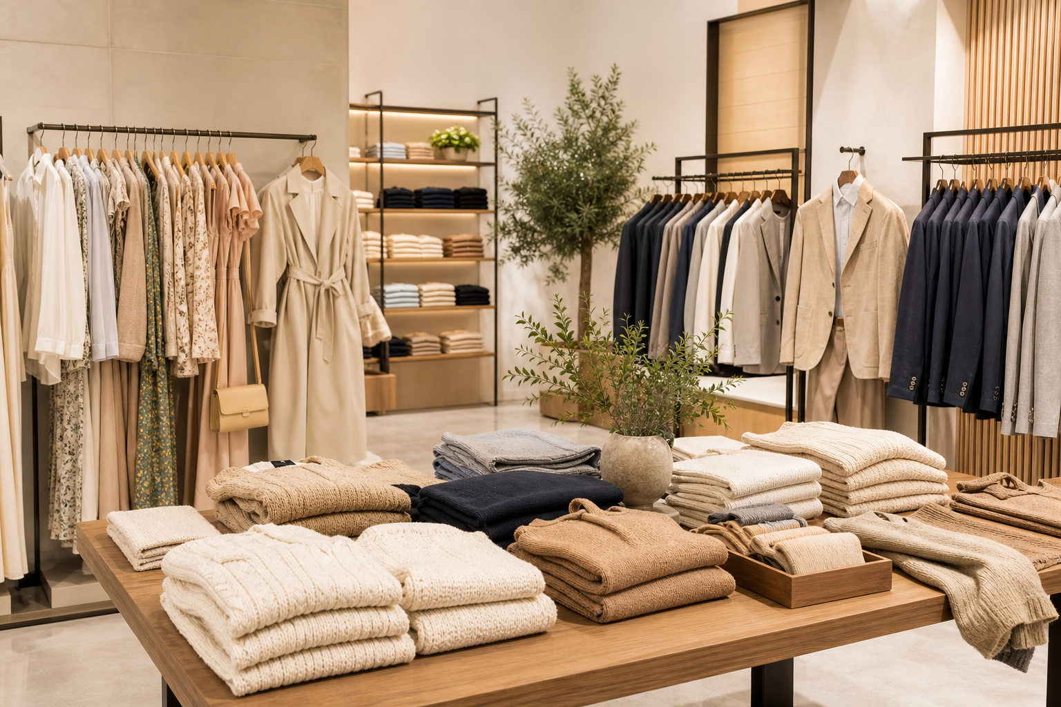 Apparel retail floor with coordinated women and men clothing racks prepared for B2B seasonal assortment planning