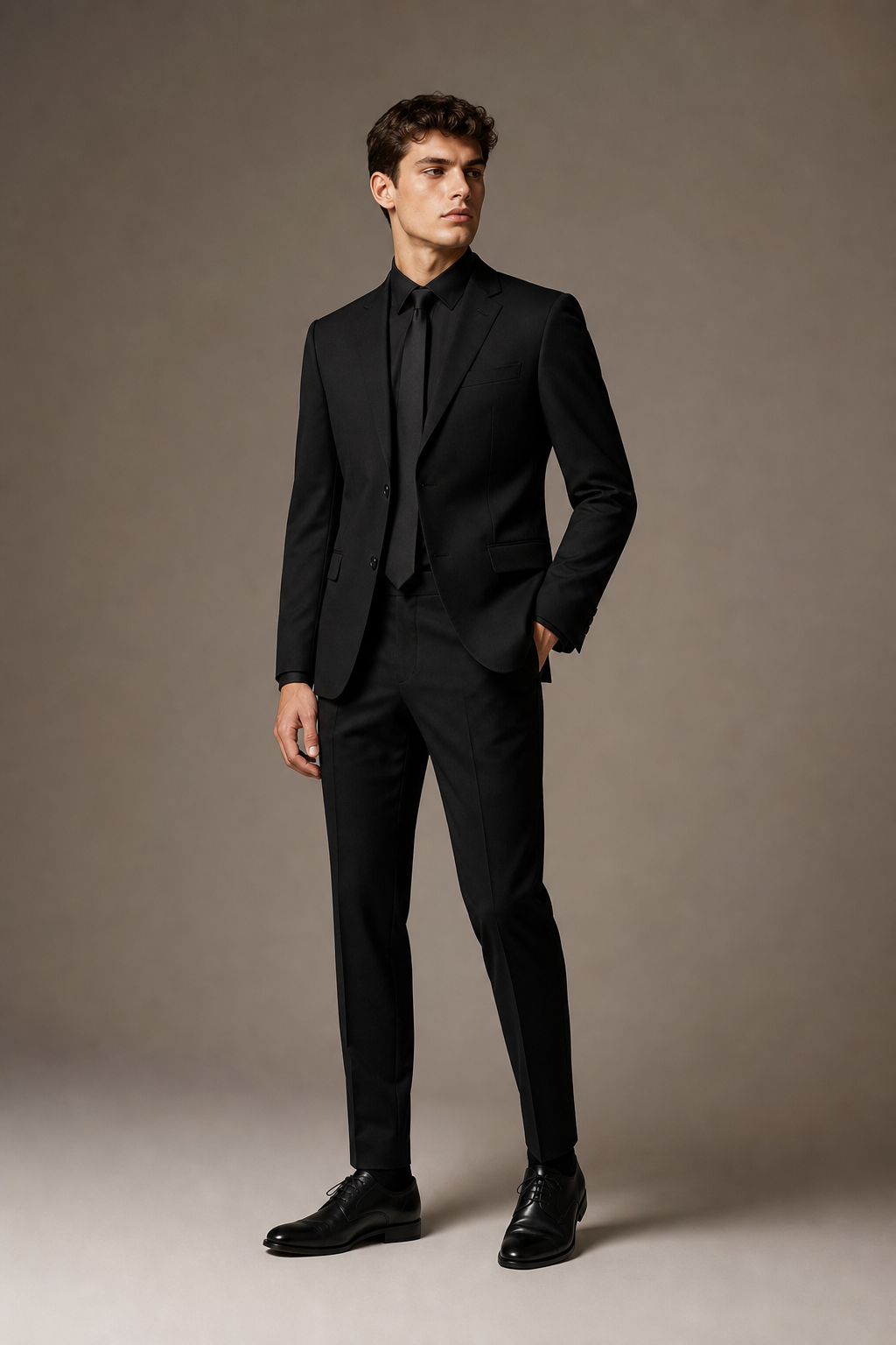 Black slim-fit tailored suit with narrow lapel and crisp modern line