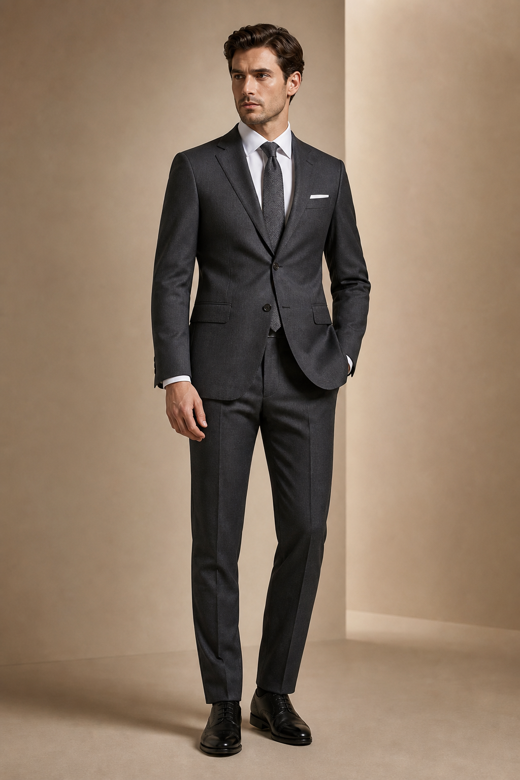 Charcoal single-breasted business suit with clean notch lapel and structured shoulders