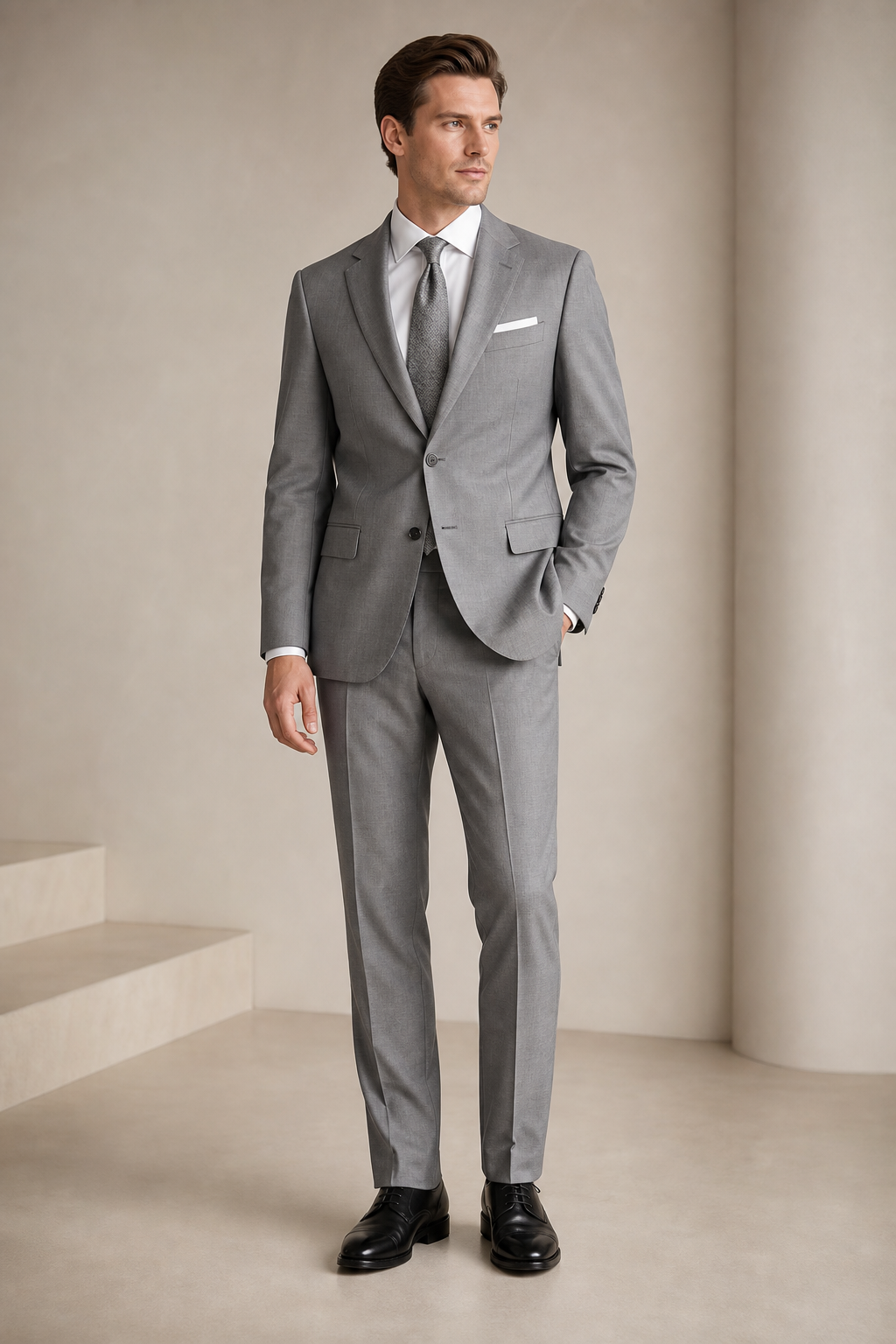 Light grey two-piece tailored suit with clean drape and elegant formal profile