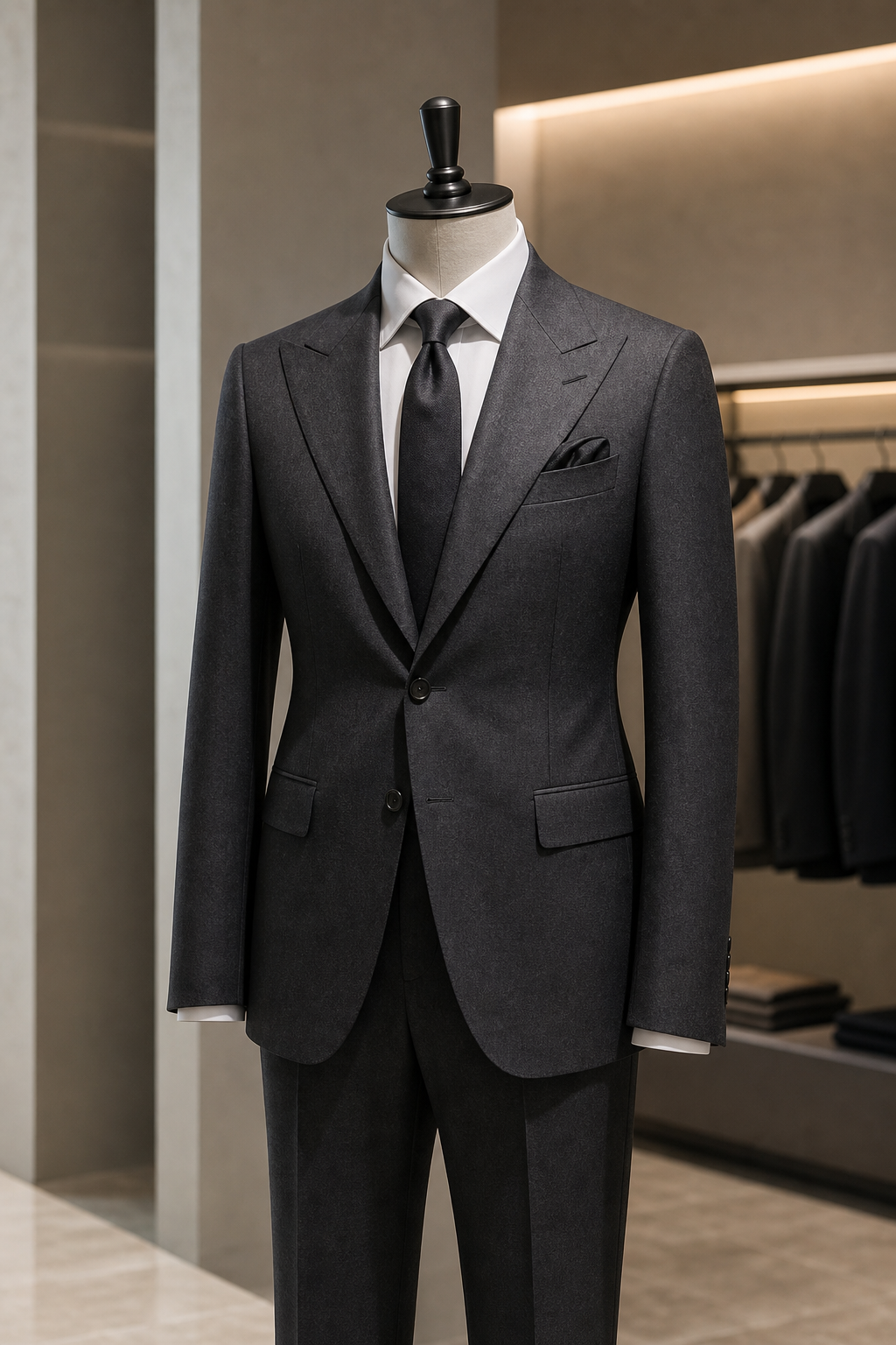 Graphite modern peak-lapel suit with refined sharp lapel line on mannequin
