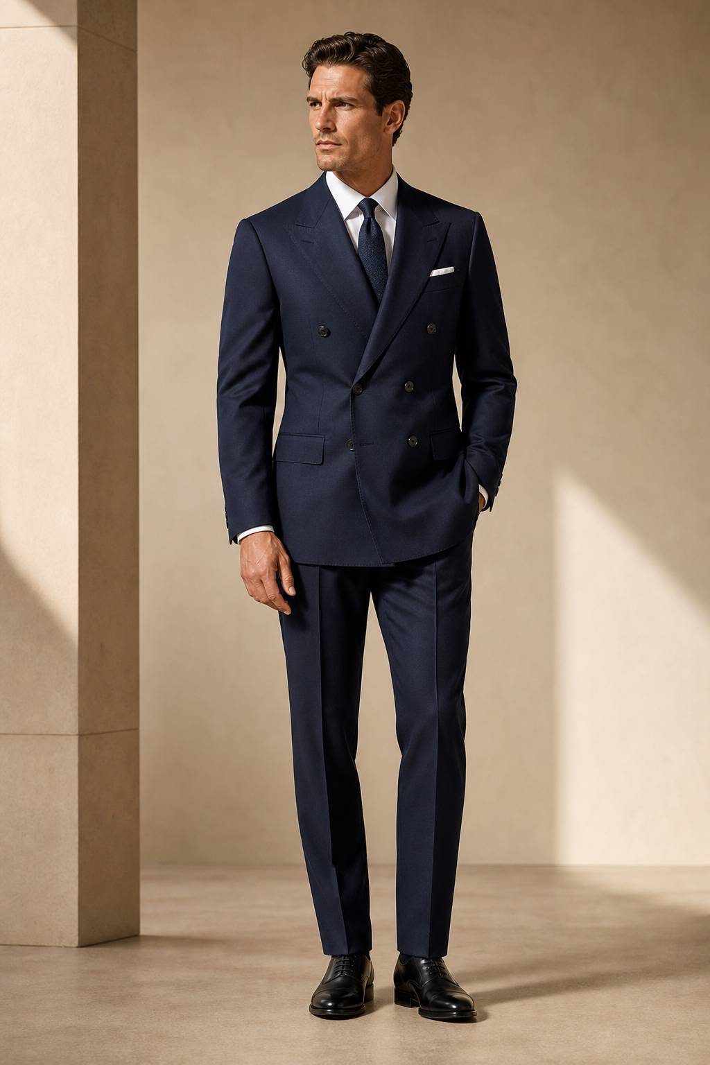 Navy double-breasted tailored suit with peak lapel and sharp waist suppression