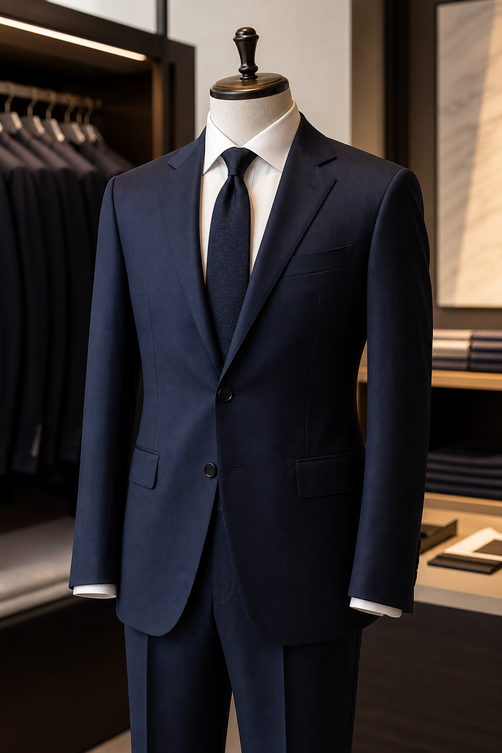 Dark navy single-breasted business suit on mannequin with sharp notch lapel