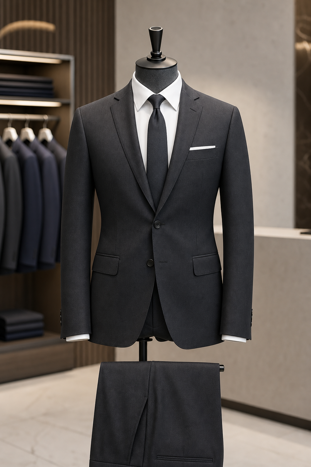 Charcoal slim fit corporate suit with streamlined silhouette on mannequin