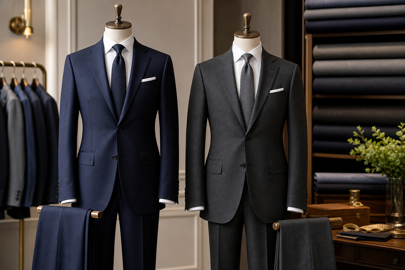 Tailored suit category with refined navy and charcoal suits in an atelier setting