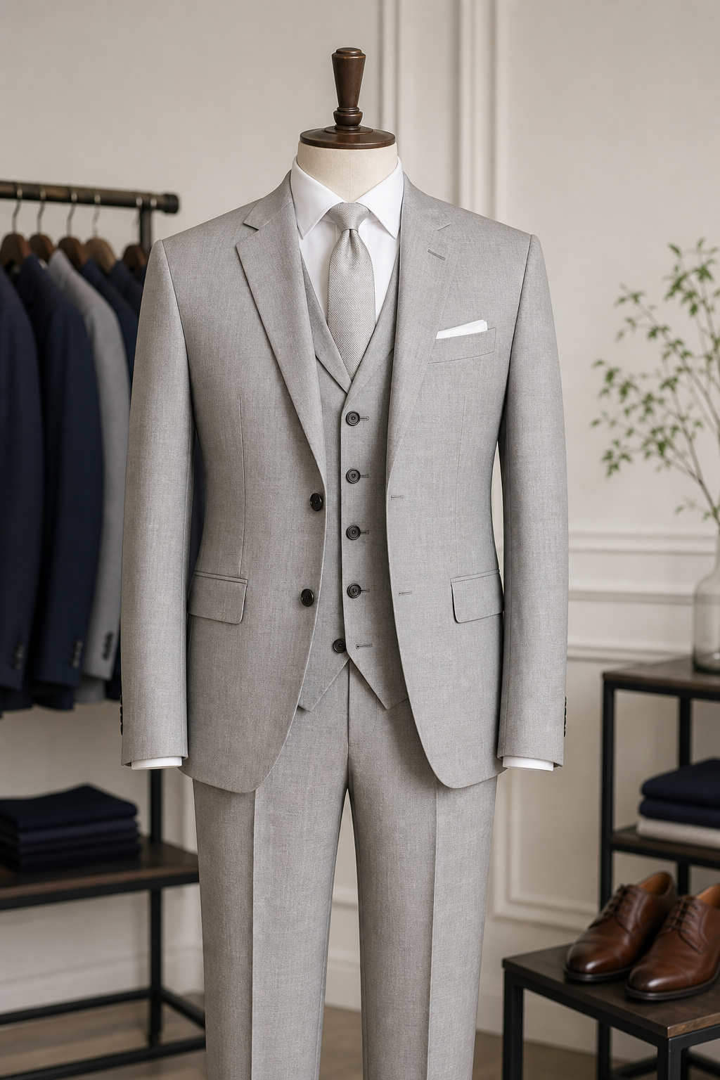 Light grey three-piece ceremony suit with matching vest in showroom display
