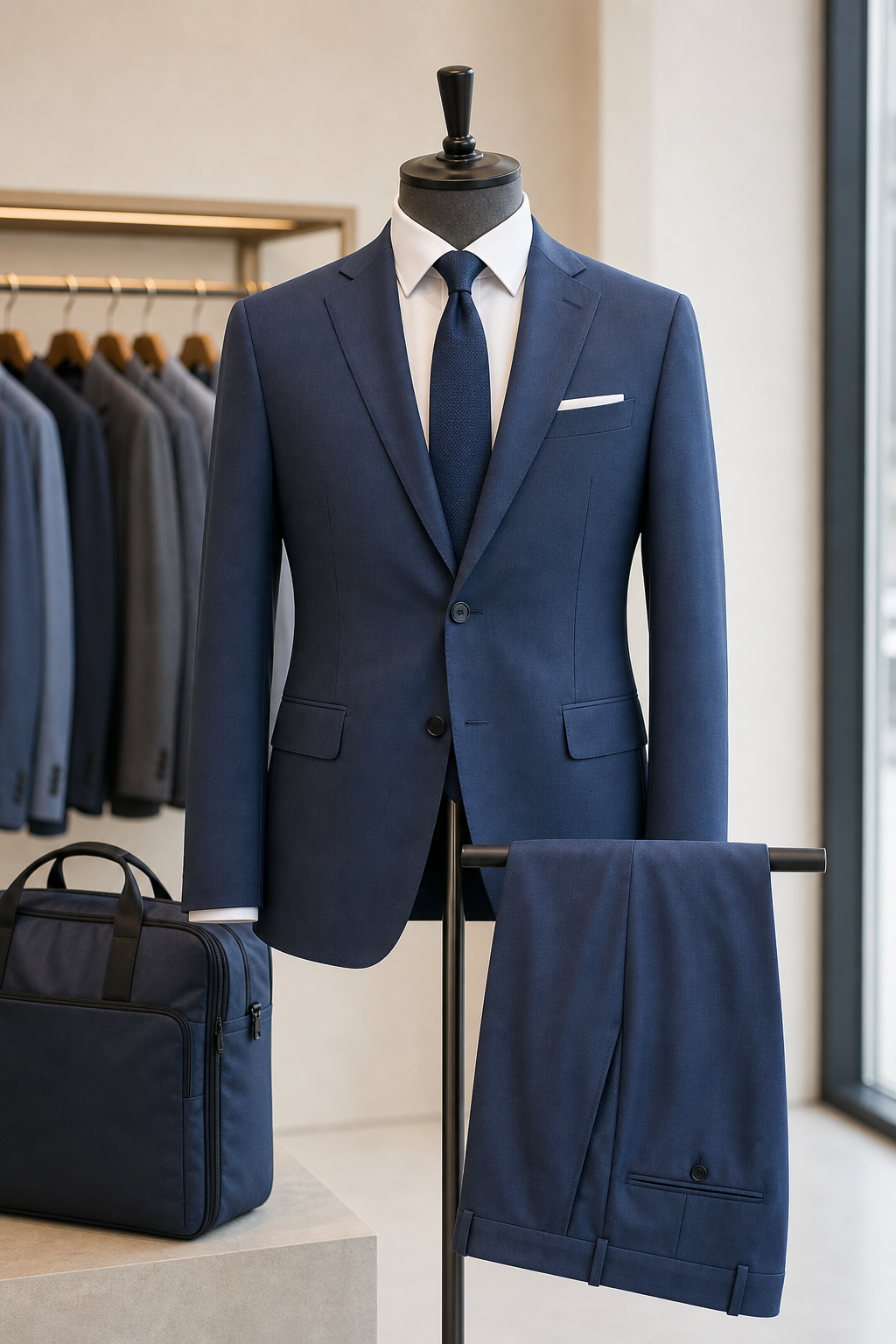 Deep steel-blue travel-ready suit set with wrinkle-resistant finish on display